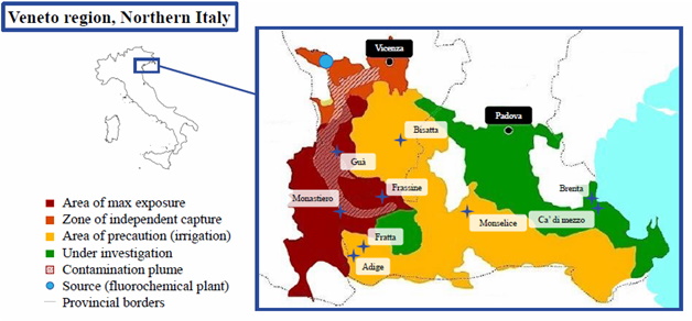 Figura 1. Siti di campionamento per la raccolta di acqua irrigua, suolo e vegetali. Le aree sono state classificate sulla base delle concentrazioni di PFAS registrate nell'acqua potabile.